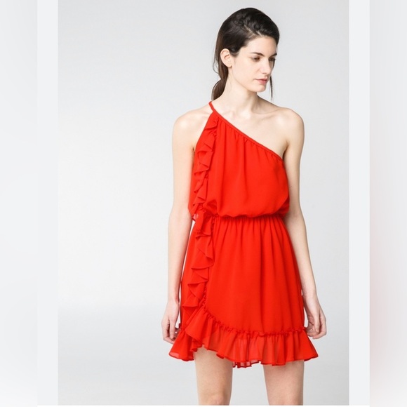 MNG Collection Red Ruffle One Shoulder Dress - Picture 1 of 4